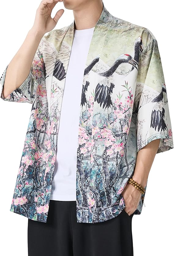 Mens Lightweight Kimono Jacket Seven Sleeve Open Front Cardigan Coat Japanese Style Bathrobe