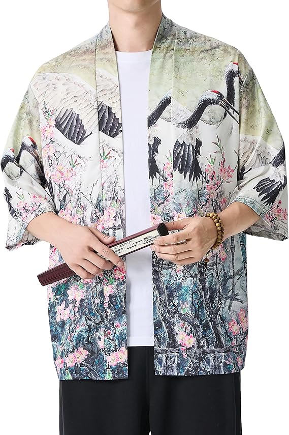 Mens Lightweight Kimono Jacket Seven Sleeve Open Front Cardigan Coat Japanese Style Bathrobe