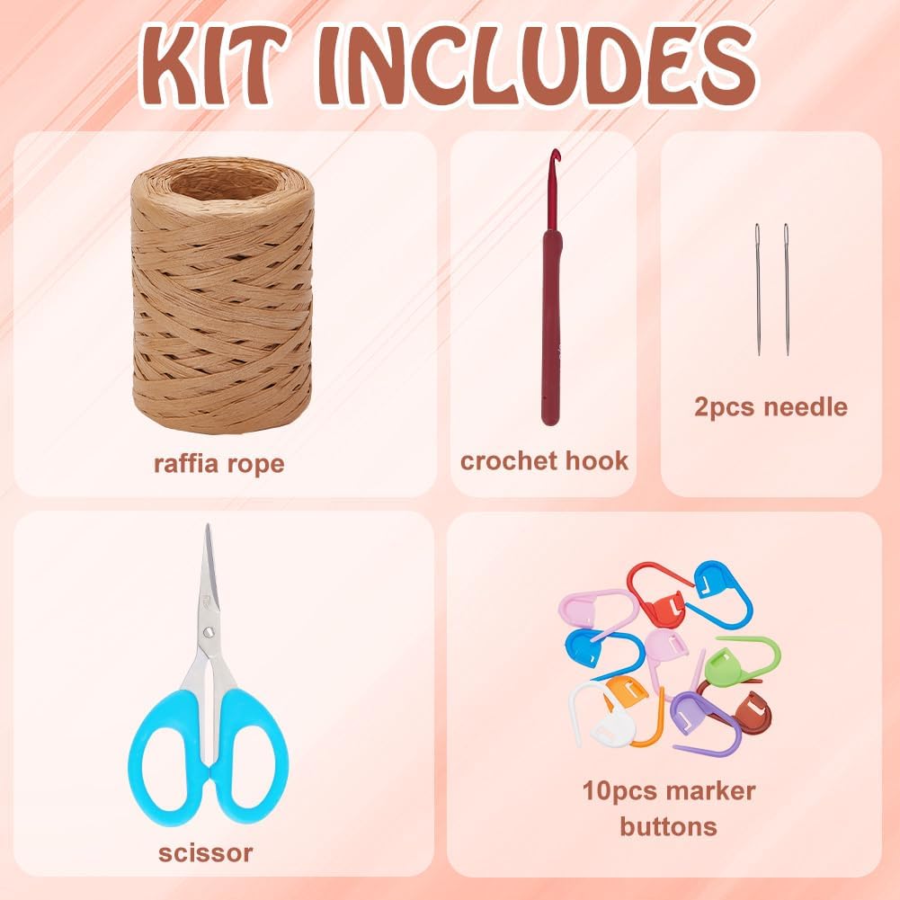 Crochet Raffia Tote Bag Kit for Beginners Beach Straw Handmade Woven Rattan Bag with Raffia Yarn and Paper Ribbon Craft Set