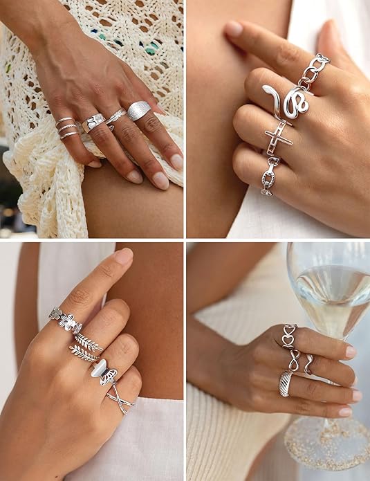 Stackable Stainless Steel Rings Set for Women Chunky Silver Adjustable Non Tarnish Statement Rings 16 Piece Collection