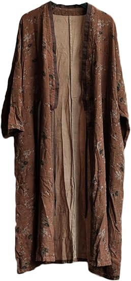 Women Lightweight Kimono Jacket Cotton Yarn Printed Tie Up Vintage Loose Cardigan Open Front Trench Coat Outerwear