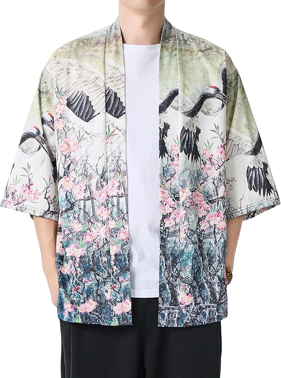 Mens Lightweight Kimono Jacket Seven Sleeve Open Front Cardigan Coat Japanese Style Bathrobe