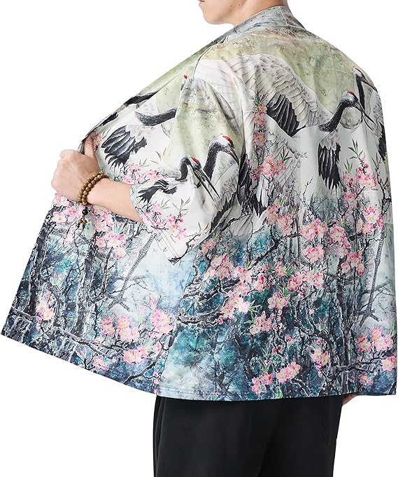 Mens Lightweight Kimono Jacket Seven Sleeve Open Front Cardigan Coat Japanese Style Bathrobe