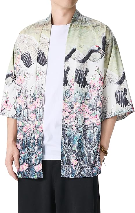 Mens Lightweight Kimono Jacket Seven Sleeve Open Front Cardigan Coat Japanese Style Bathrobe