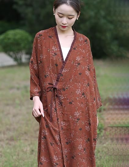 Women Lightweight Kimono Jacket Cotton Yarn Printed Tie Up Vintage Loose Cardigan Open Front Trench Coat Outerwear