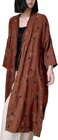 Women Lightweight Kimono Jacket Cotton Yarn Printed Tie Up Vintage Loose Cardigan Open Front Trench Coat Outerwear