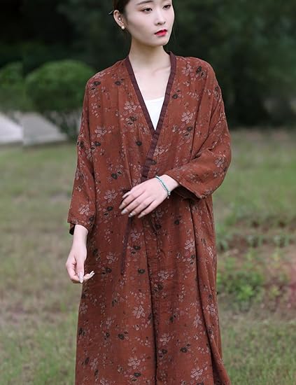 Women Lightweight Kimono Jacket Cotton Yarn Printed Tie Up Vintage Loose Cardigan Open Front Trench Coat Outerwear
