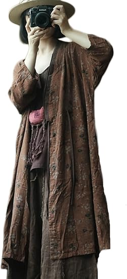 Women Lightweight Kimono Jacket Cotton Yarn Printed Tie Up Vintage Loose Cardigan Open Front Trench Coat Outerwear