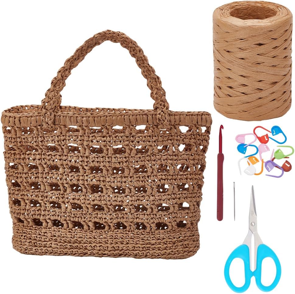 Crochet Raffia Tote Bag Kit for Beginners Beach Straw Handmade Woven Rattan Bag with Raffia Yarn and Paper Ribbon Craft Set