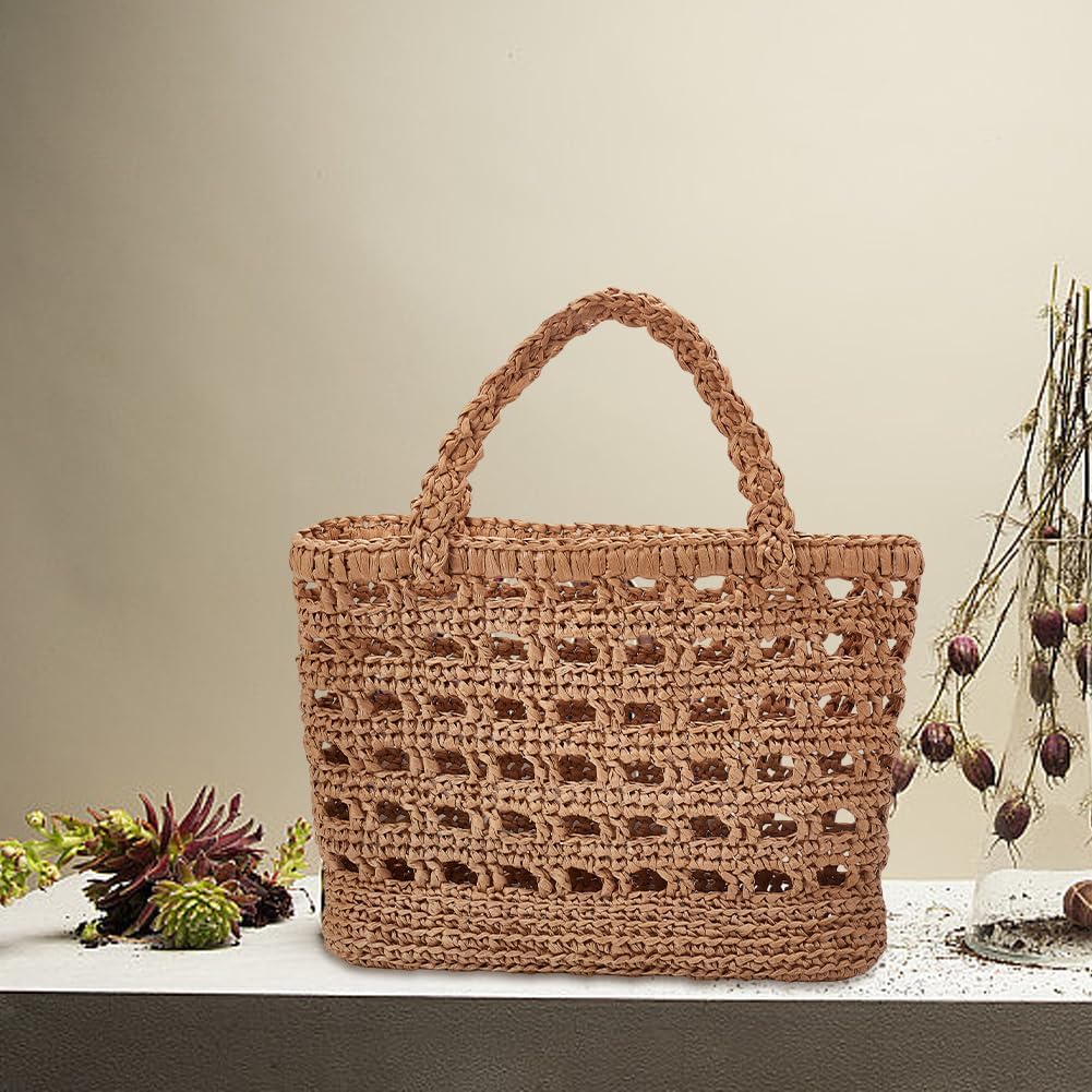 Crochet Raffia Tote Bag Kit for Beginners Beach Straw Handmade Woven Rattan Bag with Raffia Yarn and Paper Ribbon Craft Set