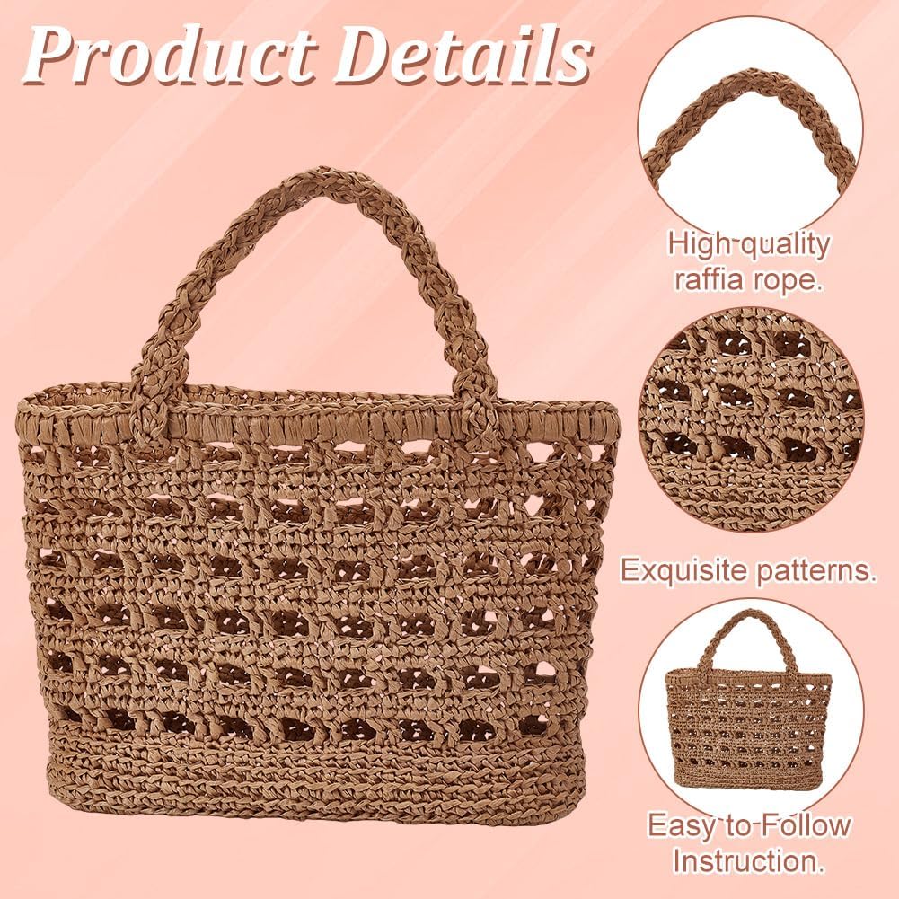 Crochet Raffia Tote Bag Kit for Beginners Beach Straw Handmade Woven Rattan Bag with Raffia Yarn and Paper Ribbon Craft Set