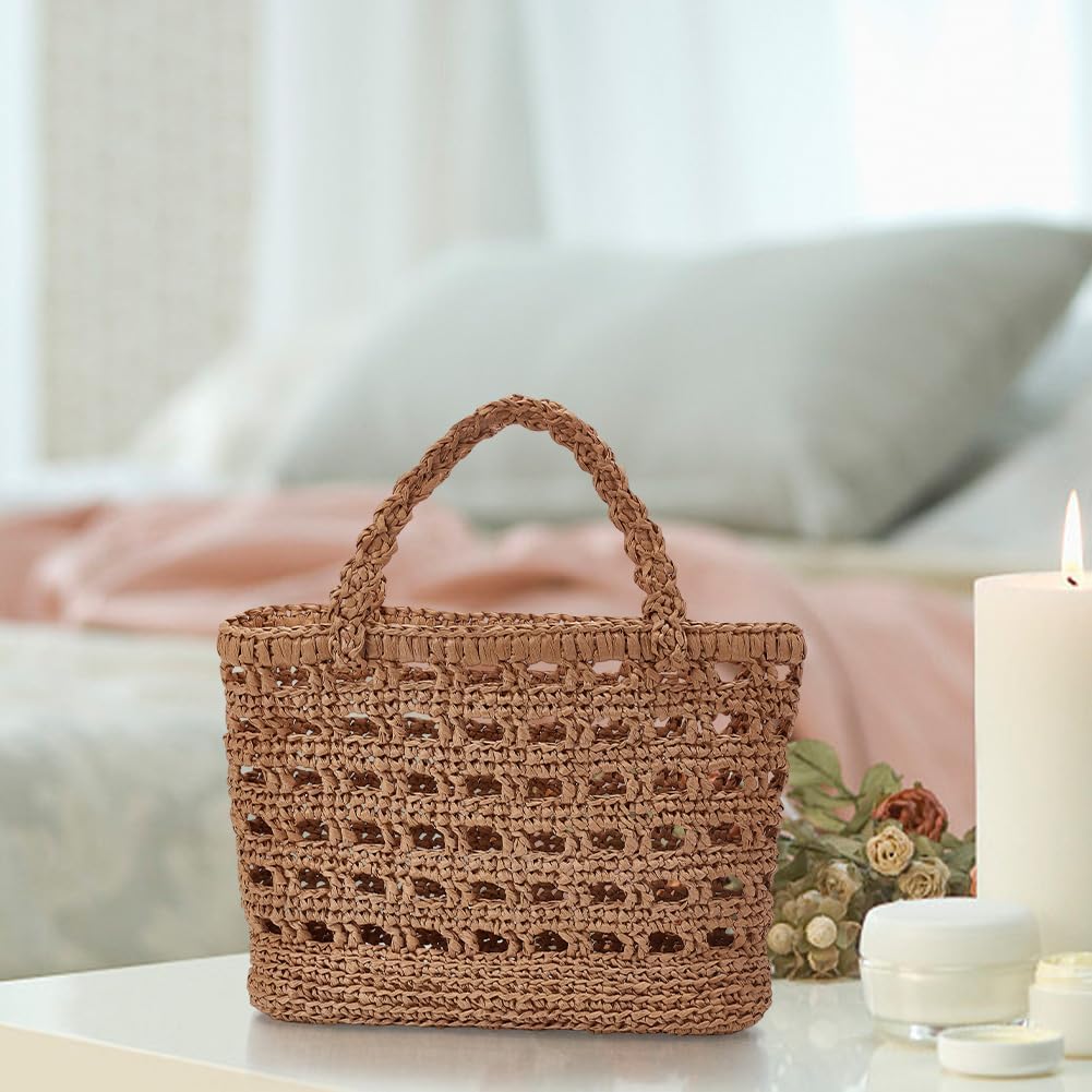 Crochet Raffia Tote Bag Kit for Beginners Beach Straw Handmade Woven Rattan Bag with Raffia Yarn and Paper Ribbon Craft Set
