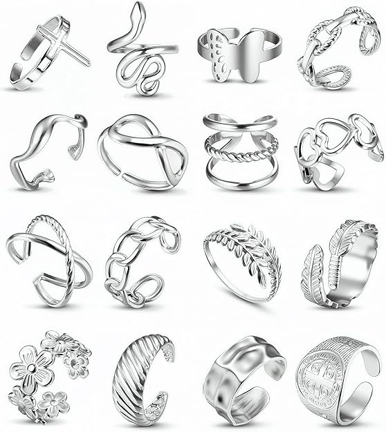 Stackable Stainless Steel Rings Set for Women Chunky Silver Adjustable Non Tarnish Statement Rings 16 Piece Collection