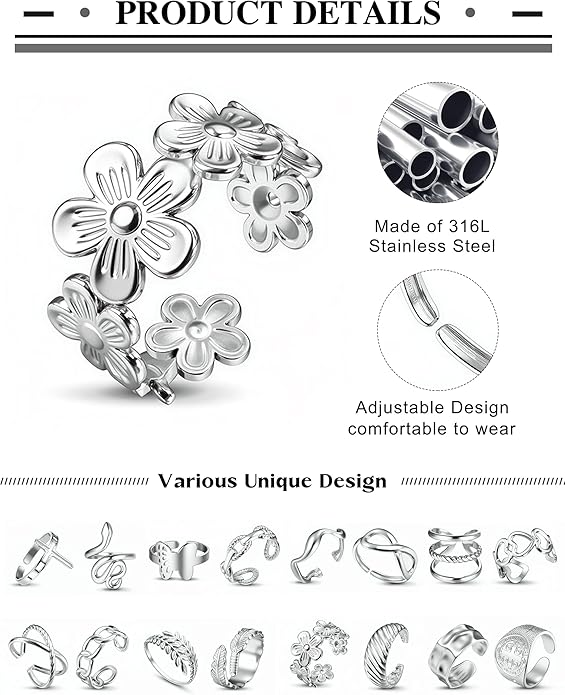 Stackable Stainless Steel Rings Set for Women Chunky Silver Adjustable Non Tarnish Statement Rings 16 Piece Collection